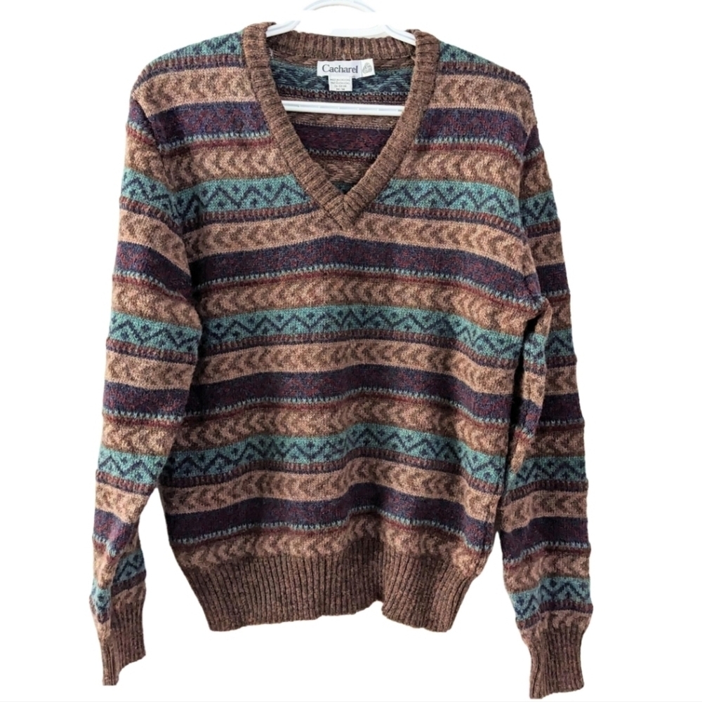Vintage CACHAREL grandpa wool v neck sweater blue brown medium